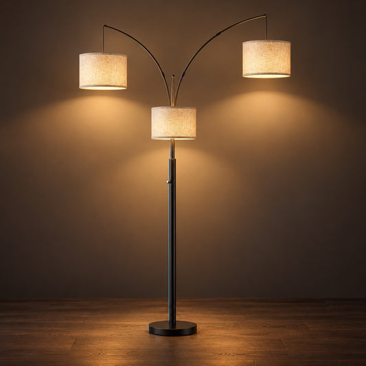 Three-Arm Arc Floor Lamp, switched on