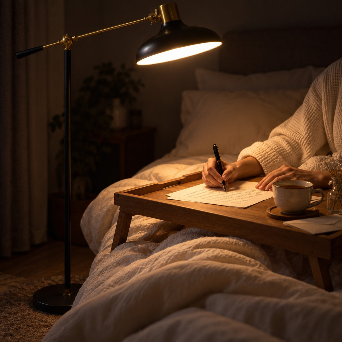 Balance-Arm Floor Lamp, switched on at night