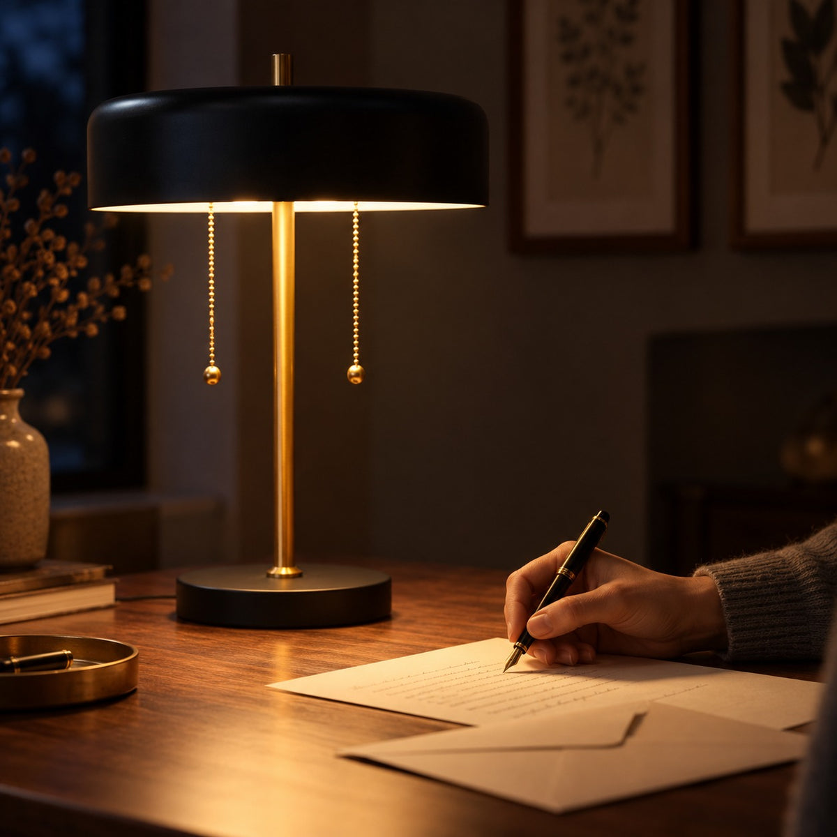Mushroom Table Lamp, switched on at night