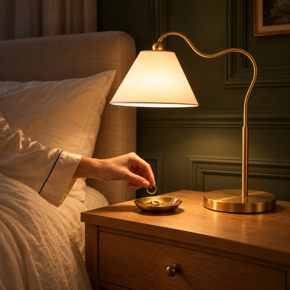 Curved Gooseneck Table Lamp, switched on at night