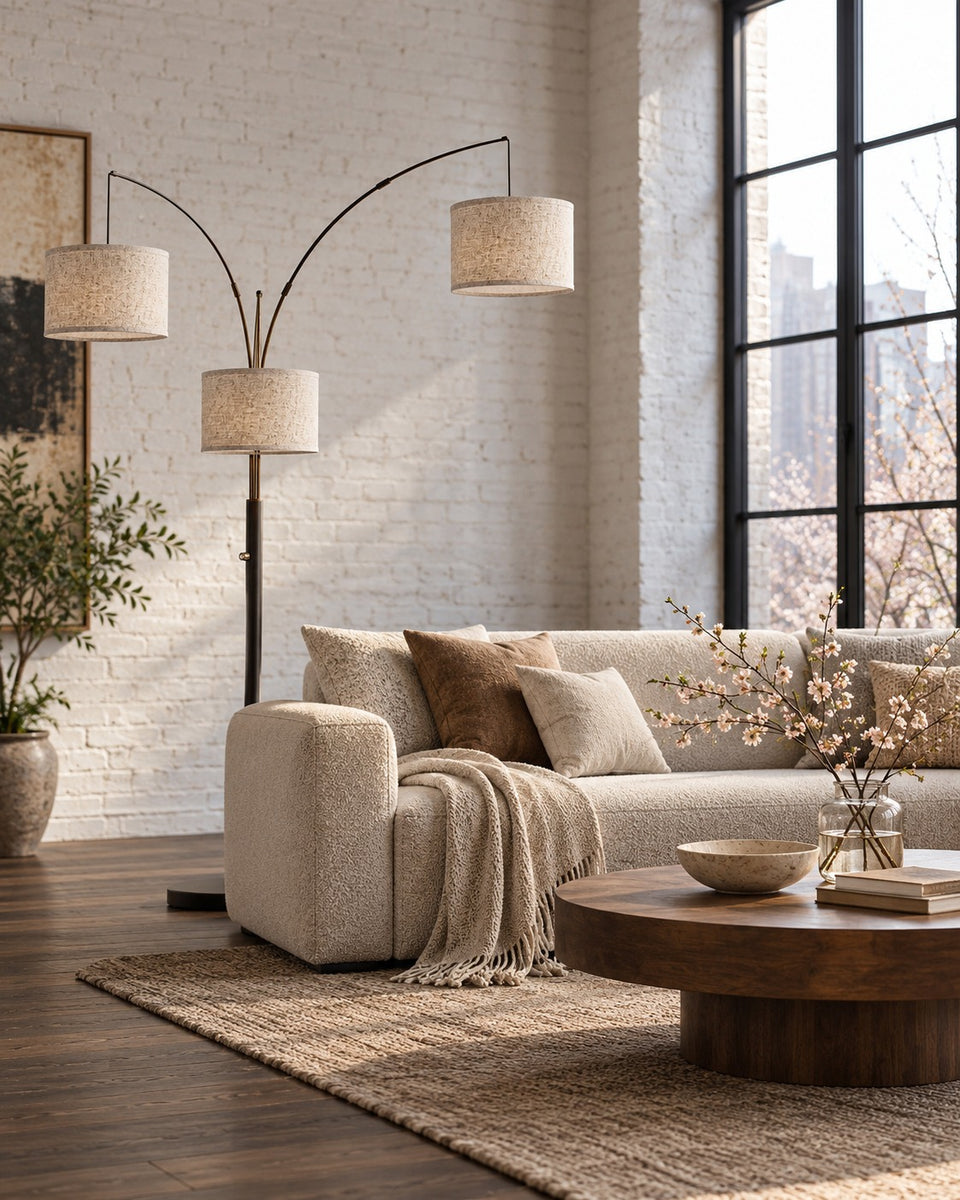 3-Light Arc Floor Lamp, switched off, in daylight