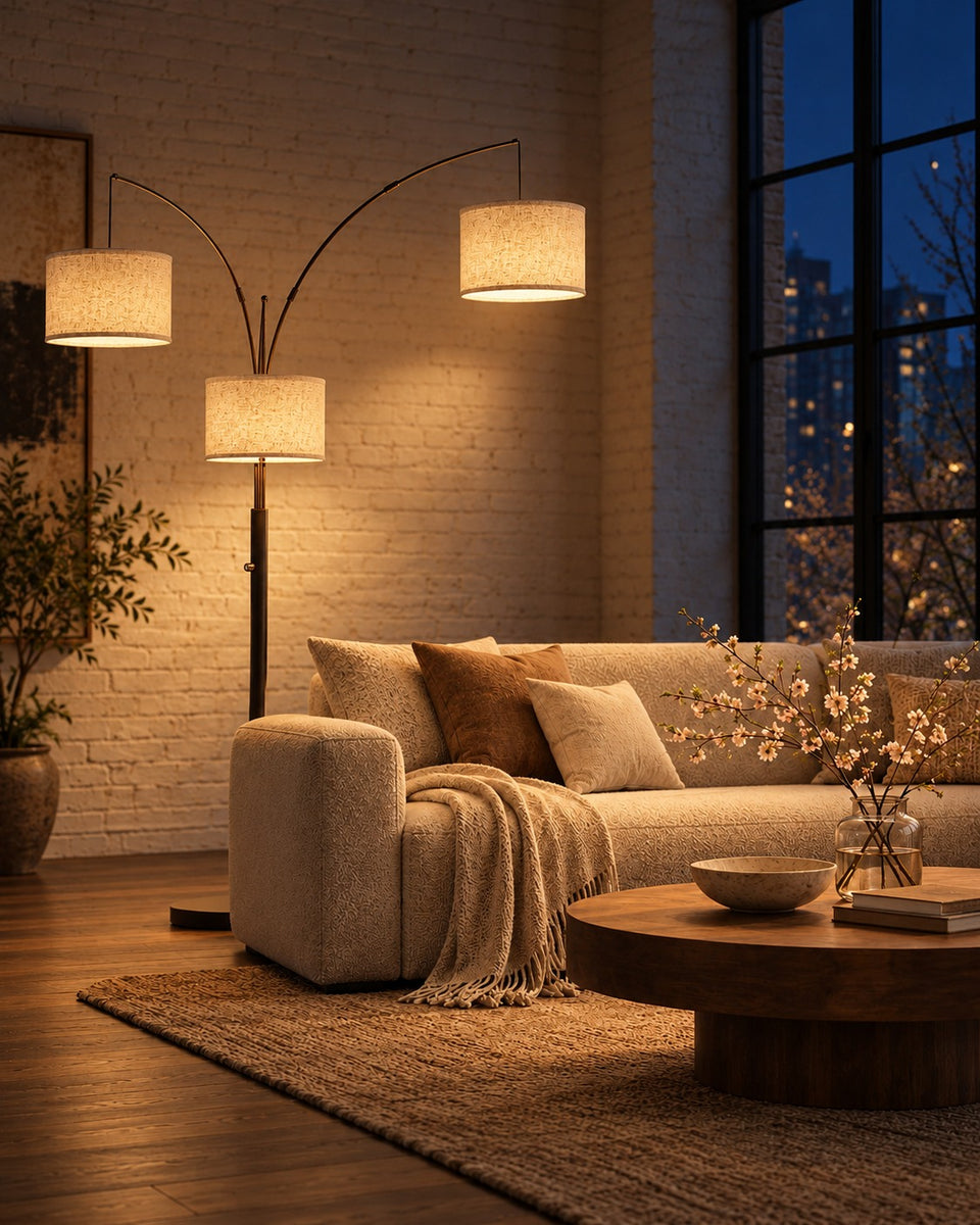 3-Light Arc Floor Lamp, switched on, in the evening