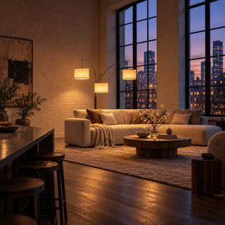 Three-Arm Arc Floor Lamp, in a room at dusk