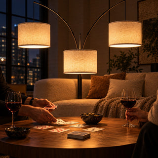 Three-Arm Arc Floor Lamp, switched on at night