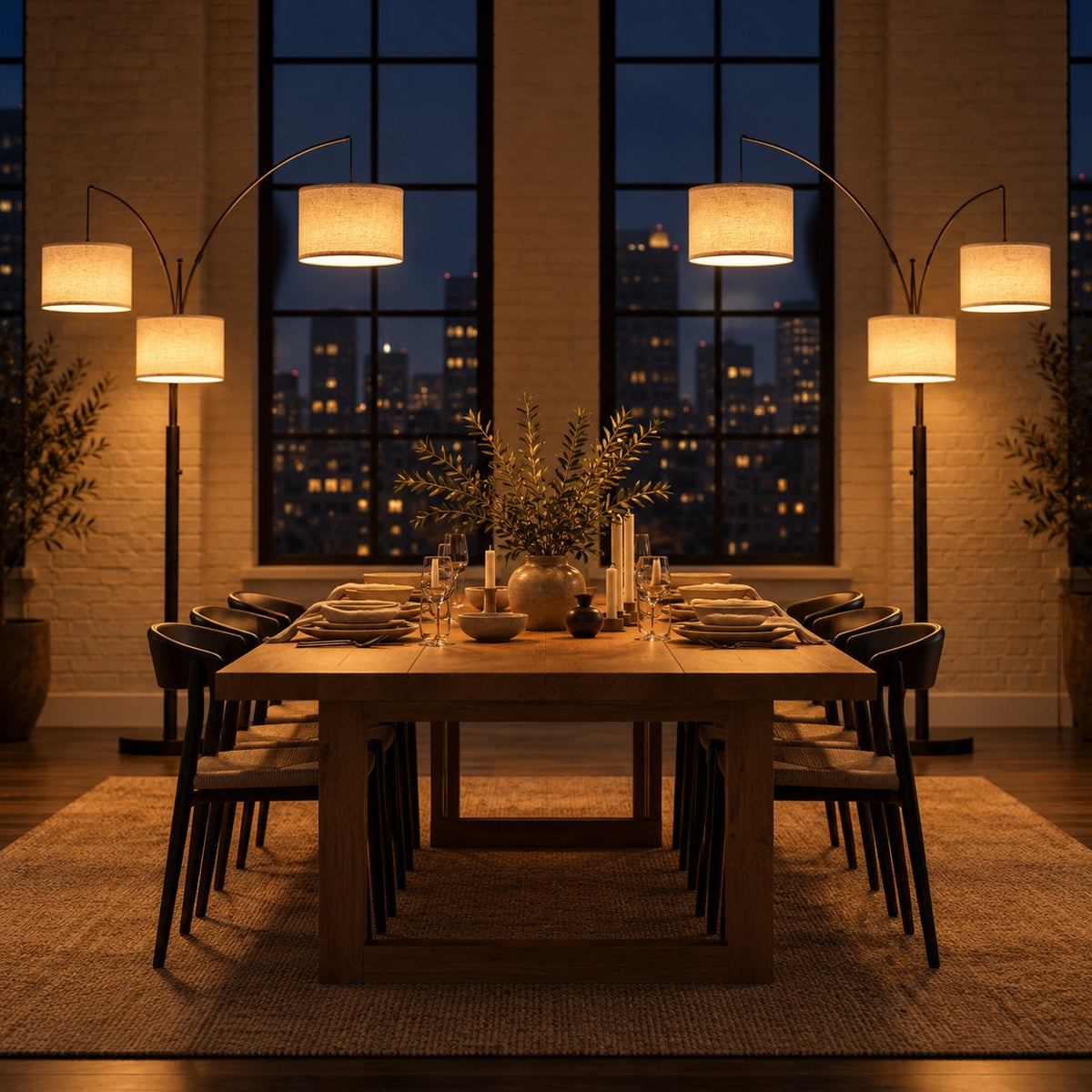 Three-Arm Arc Floor Lamp, a matching pair in a room at night