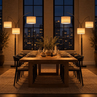 Three-Arm Arc Floor Lamp, a matching pair in a room at night