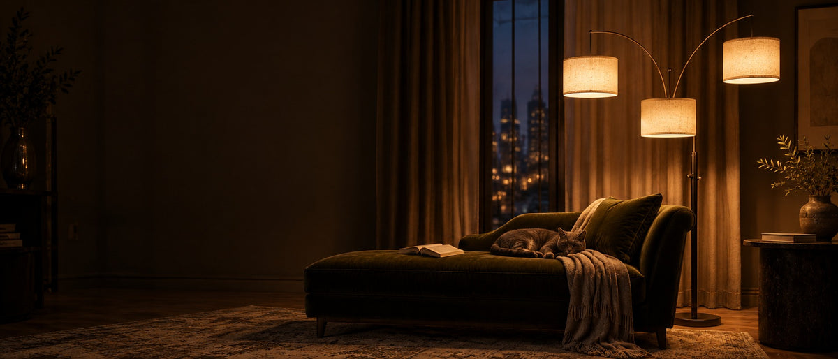 3-Light Arc Floor Lamp, switched on in a room at night