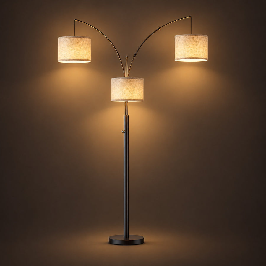 Three-Arm Arc Floor Lamp, switched on