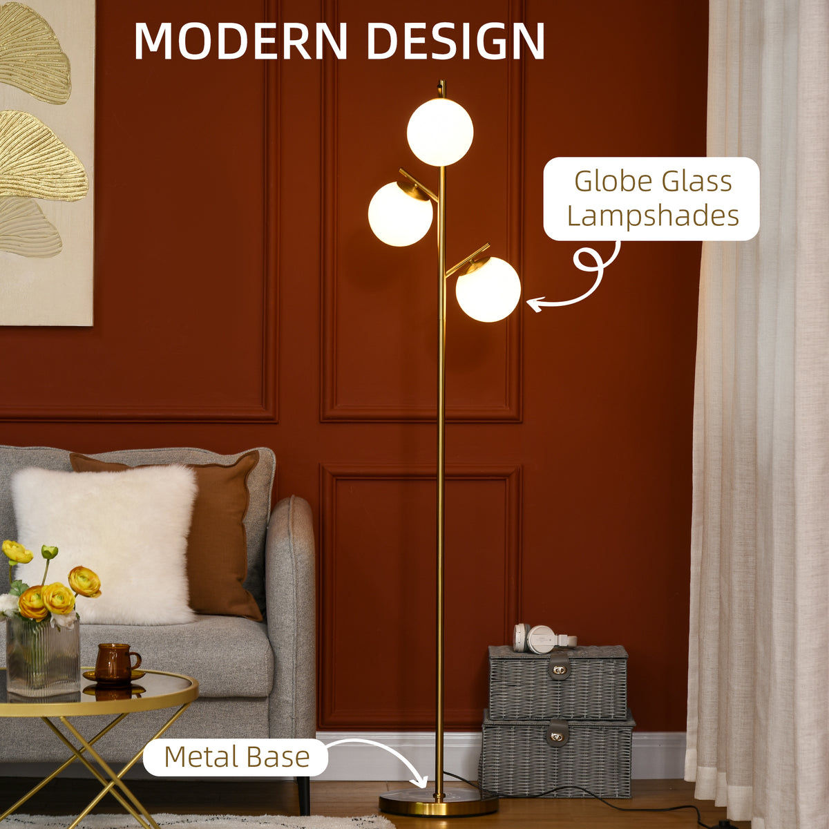 3-Globe Gold Floor Lamp, view 4