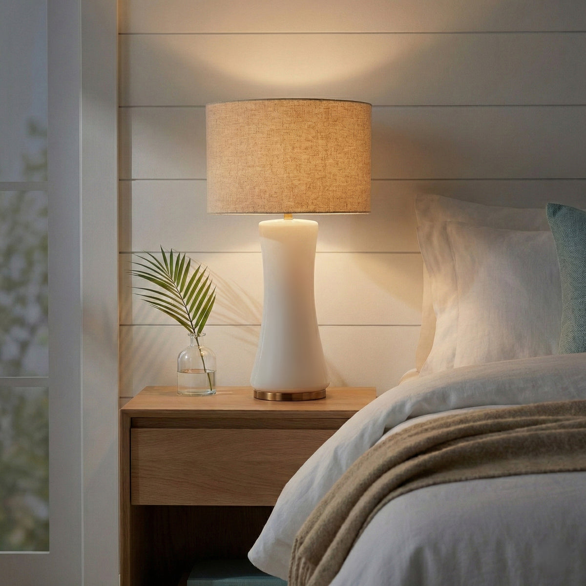 White Glass Table Lamp, Gold Base