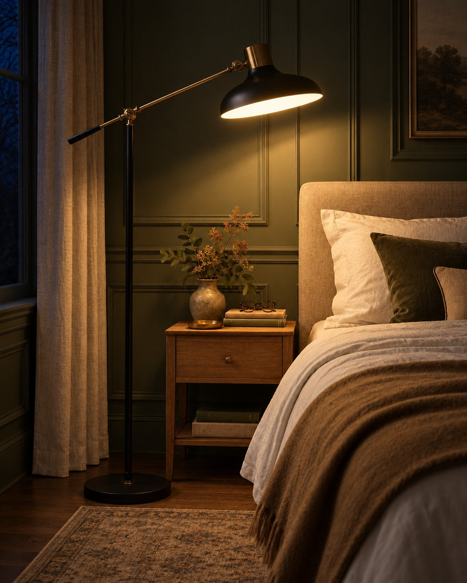 Balance-Arm Floor Lamp, switched on, in the evening