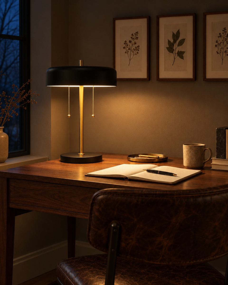 Mushroom Table Lamp, switched on, in the evening