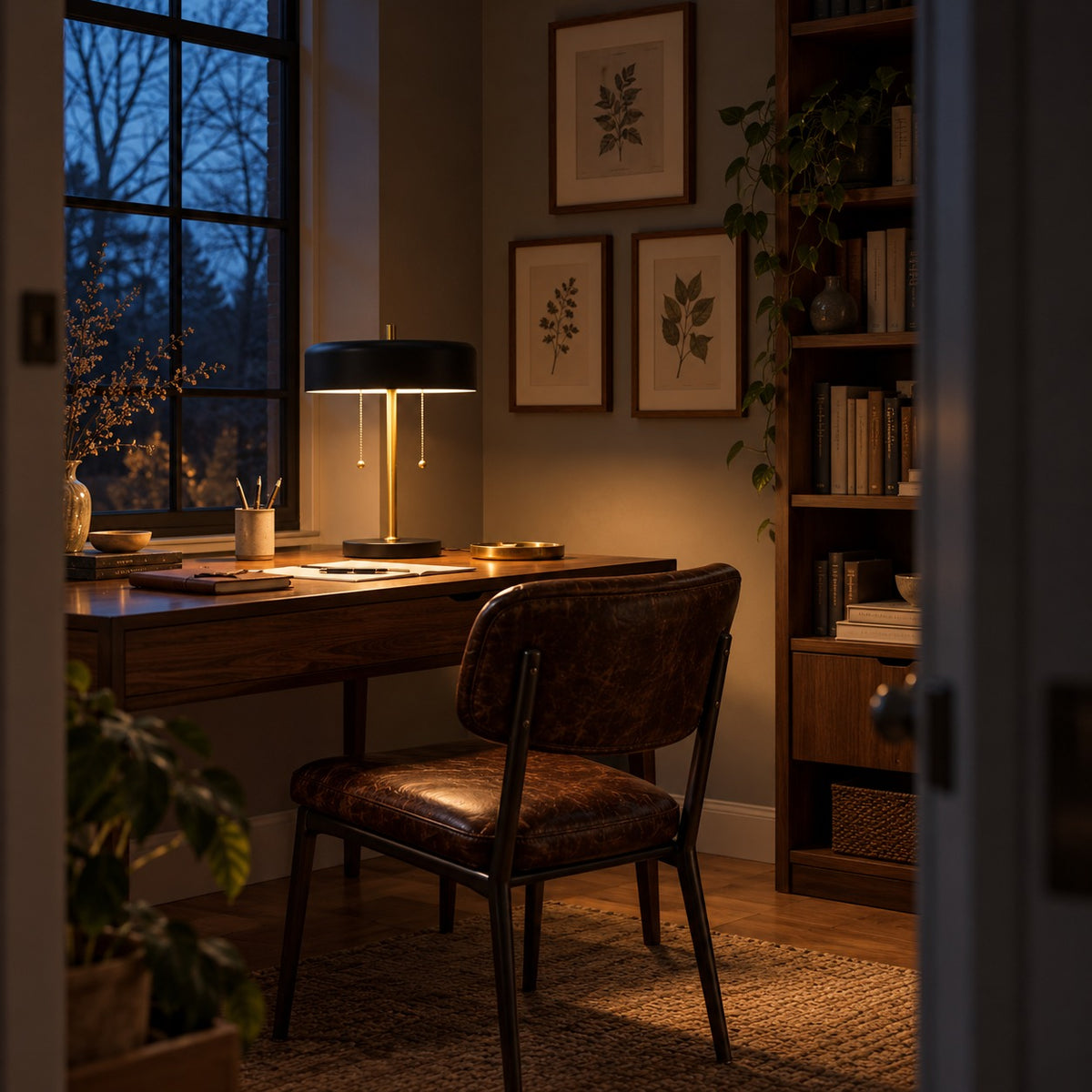 Mushroom Table Lamp, in a room at dusk
