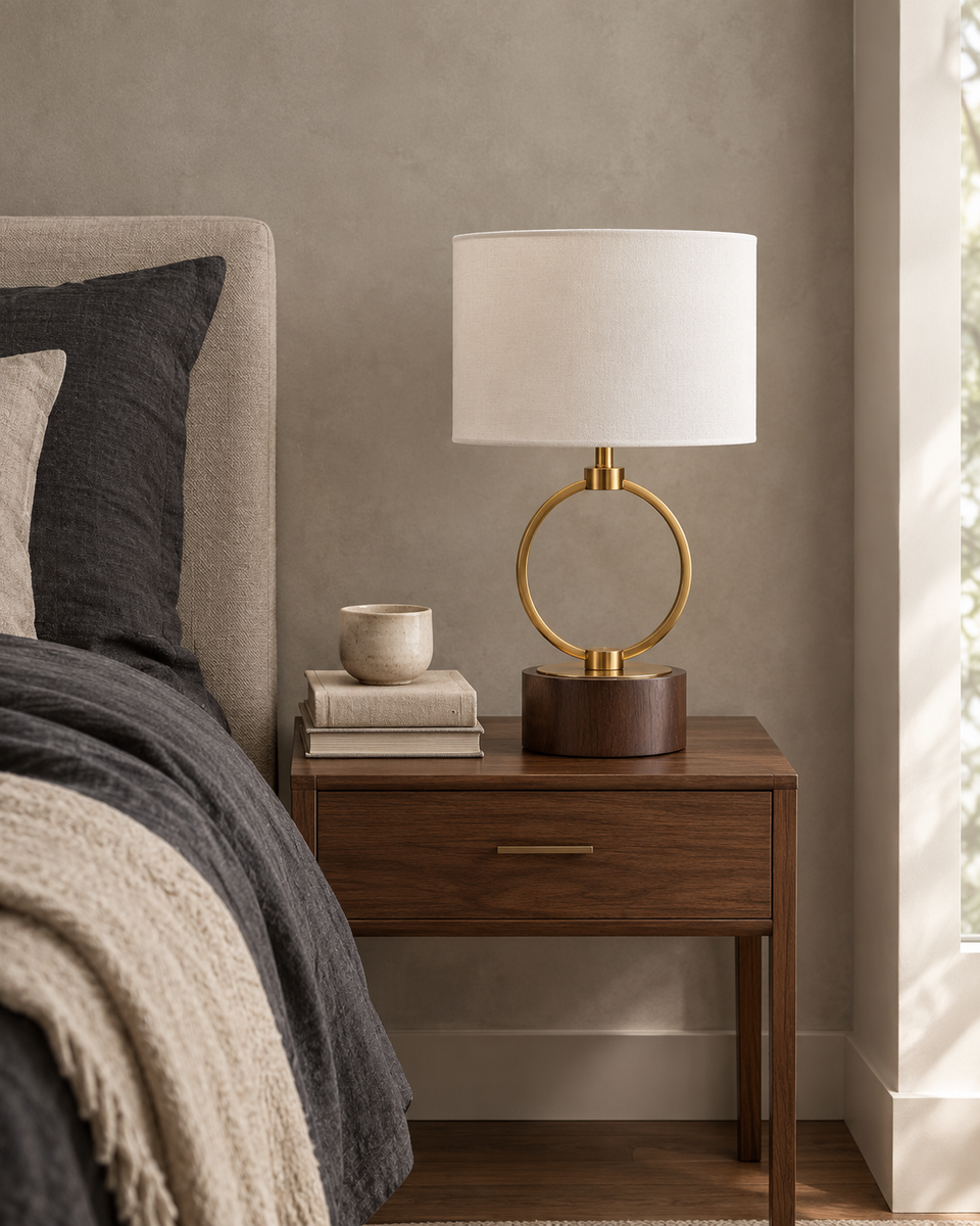 Brass Ring Table Lamp, switched off, in daylight