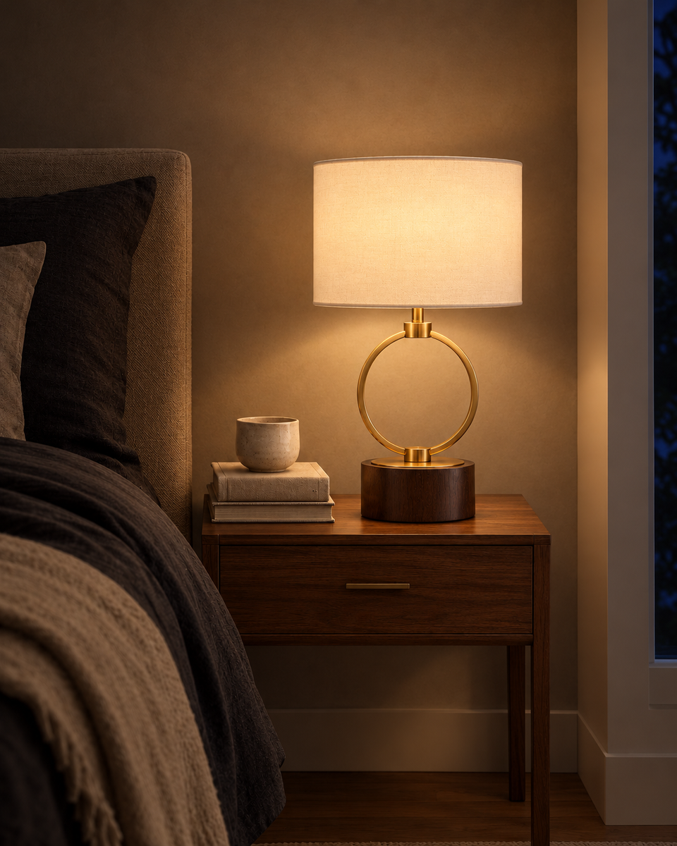Brass Ring Table Lamp, switched on, in the evening
