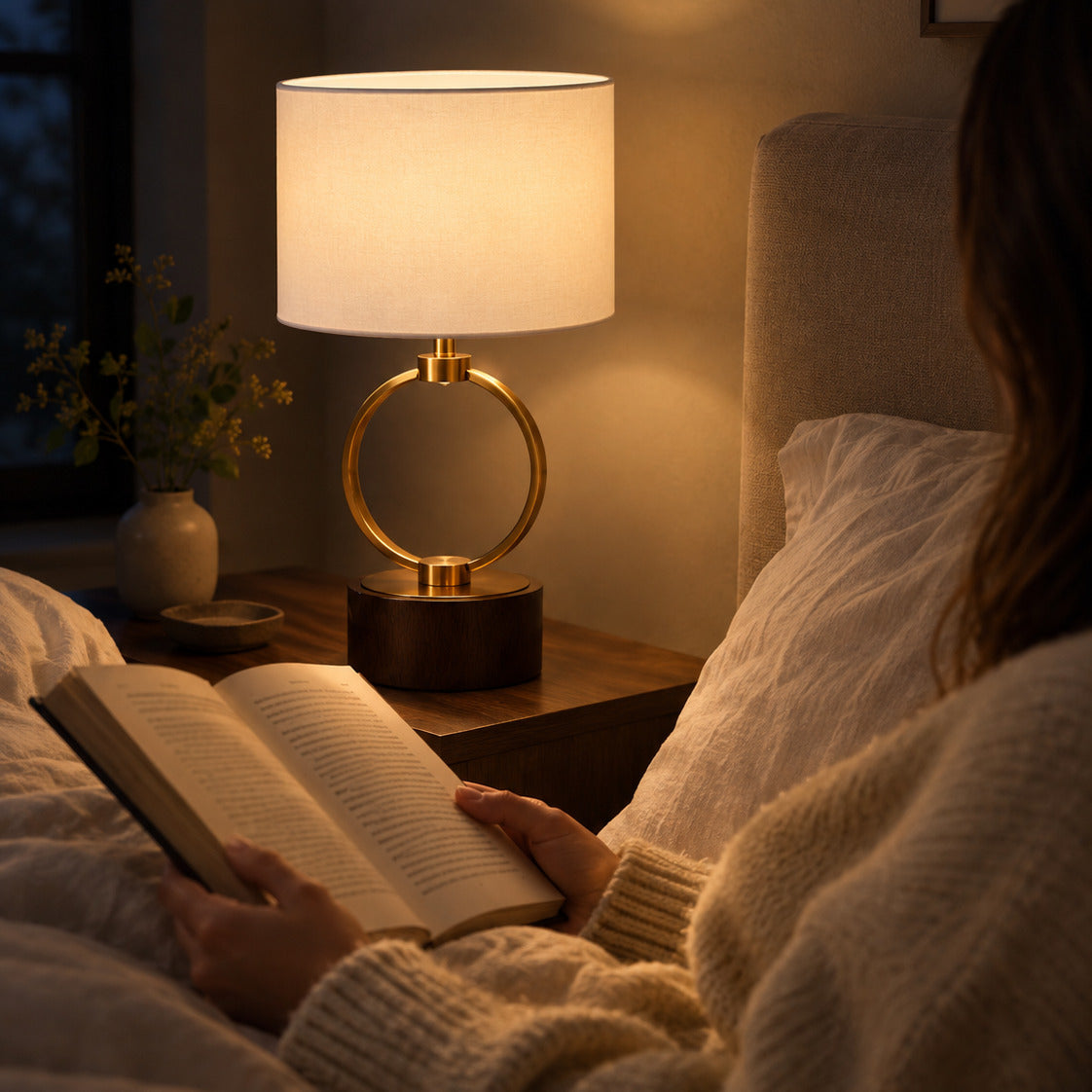 Brass Ring Table Lamp, lighting a book in bed at night