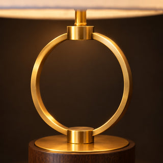 Brass Ring Table Lamp, close-up of the brass-tone ring and walnut-finish base