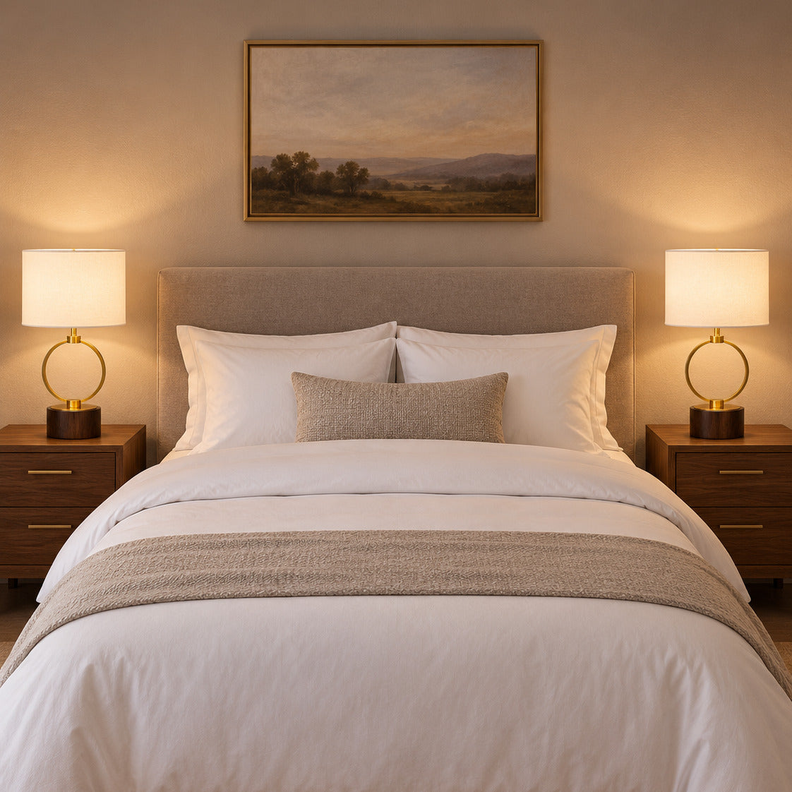 Brass Ring Table Lamp, a matching pair either side of a bed