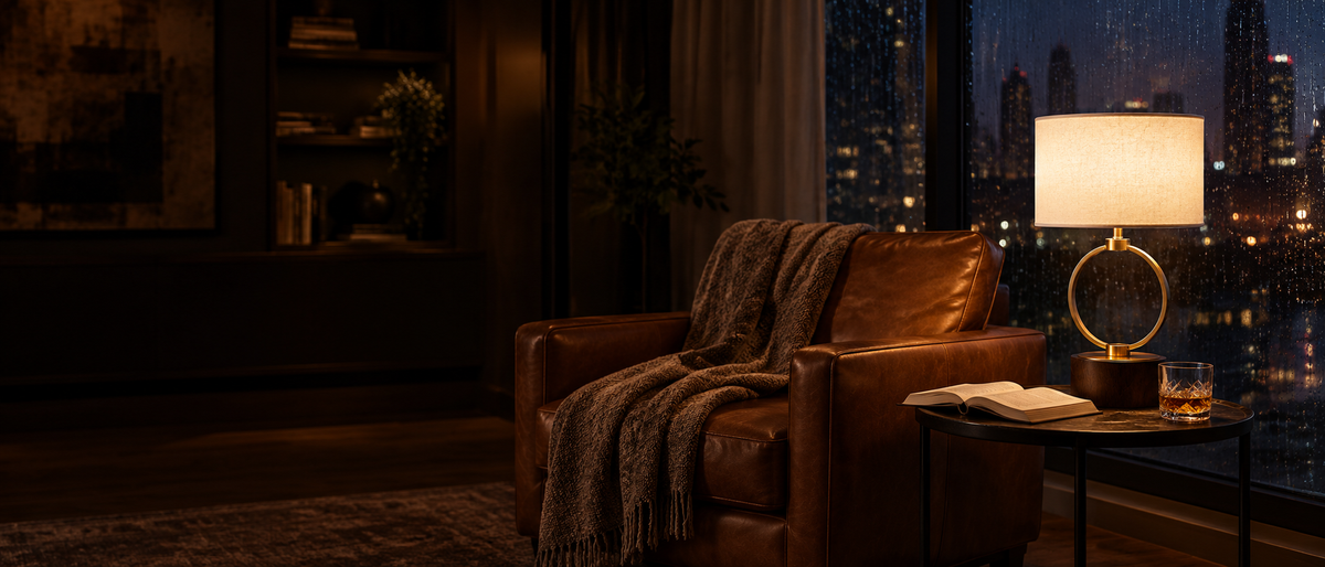 Brass Ring Table Lamp, switched on in a room at night
