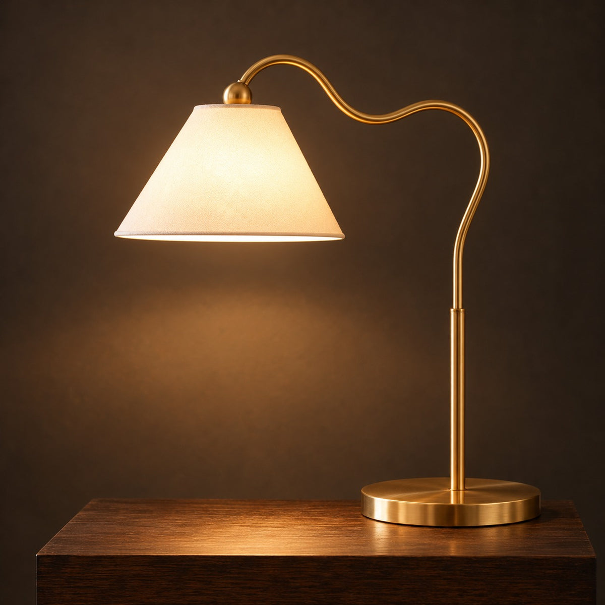 Curved Gooseneck Table Lamp, switched on
