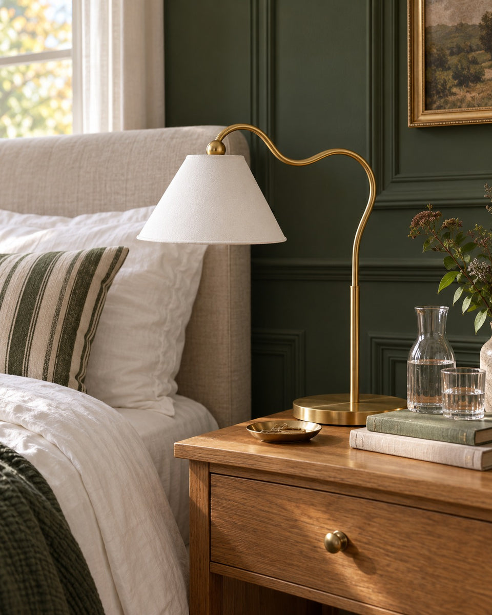 Curved Gooseneck Table Lamp, switched off, in daylight