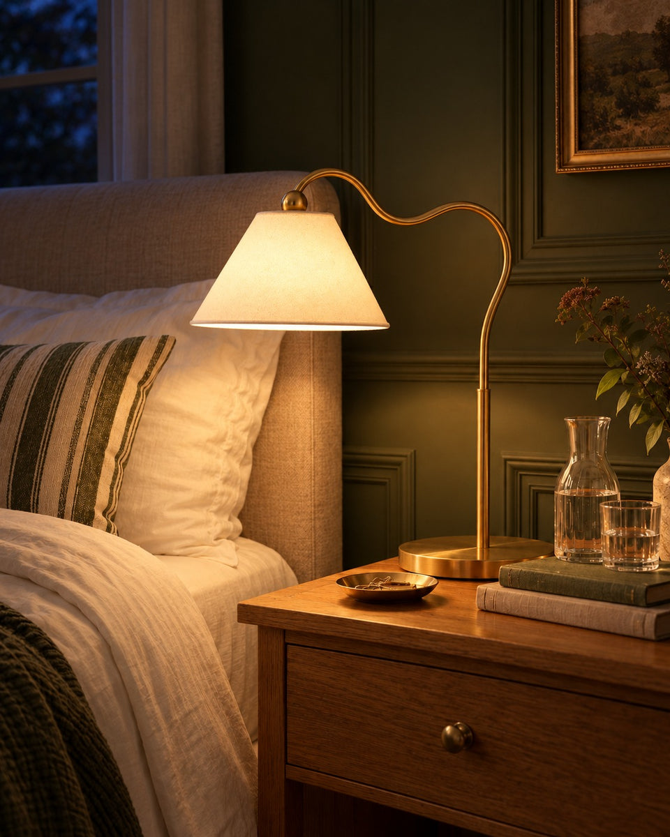 Curved Gooseneck Table Lamp, switched on, in the evening