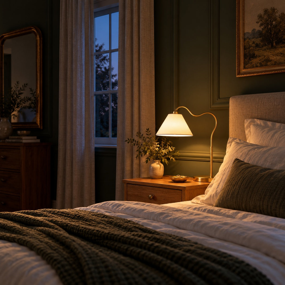 Curved Gooseneck Table Lamp, in a room at dusk