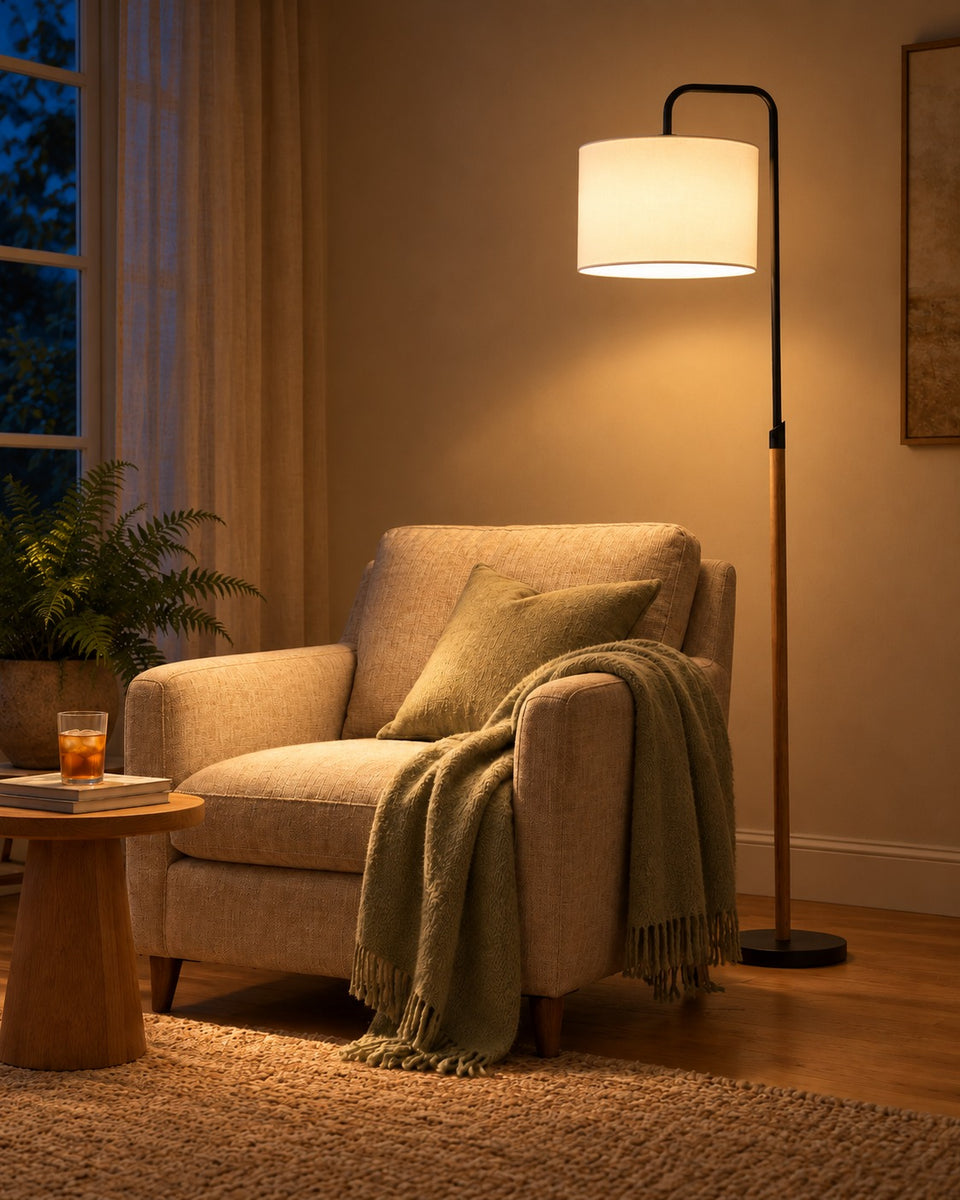 Curved Reading Floor Lamp, switched on, in the evening