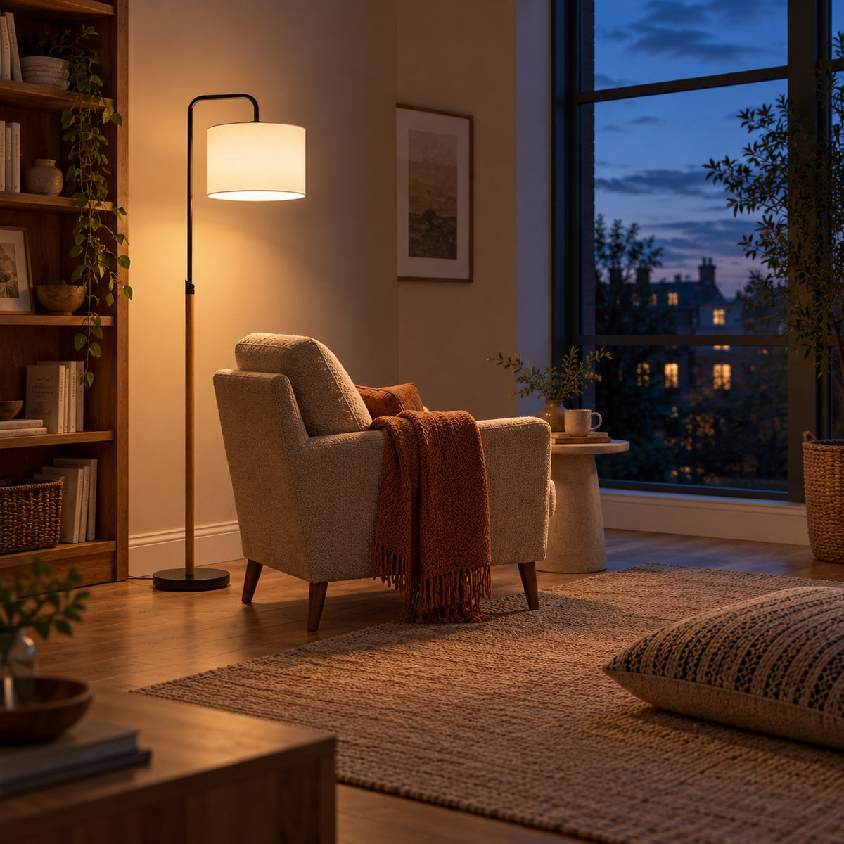 Curved Reading Floor Lamp, in a room at dusk