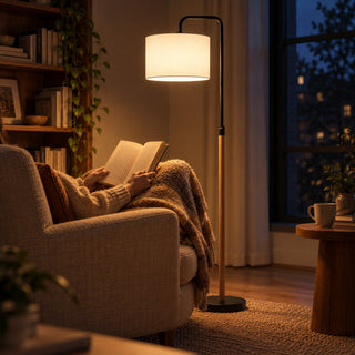 Curved Reading Floor Lamp, switched on at night