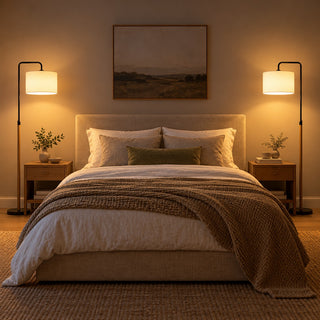 Curved Reading Floor Lamp, a matching pair in a room at night