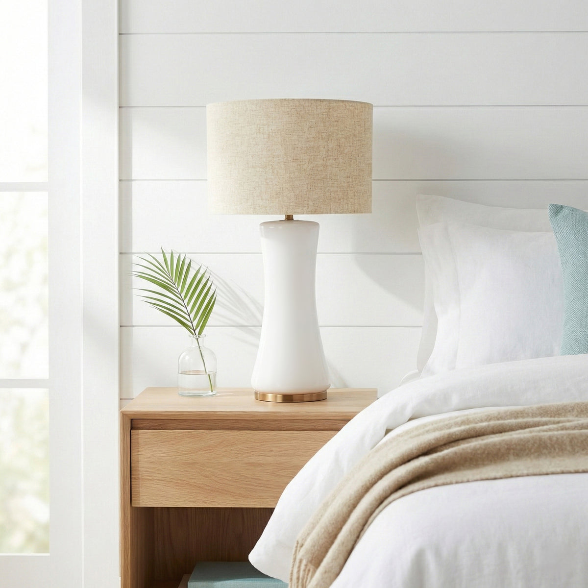 White Glass Table Lamp, Gold Base, view 3
