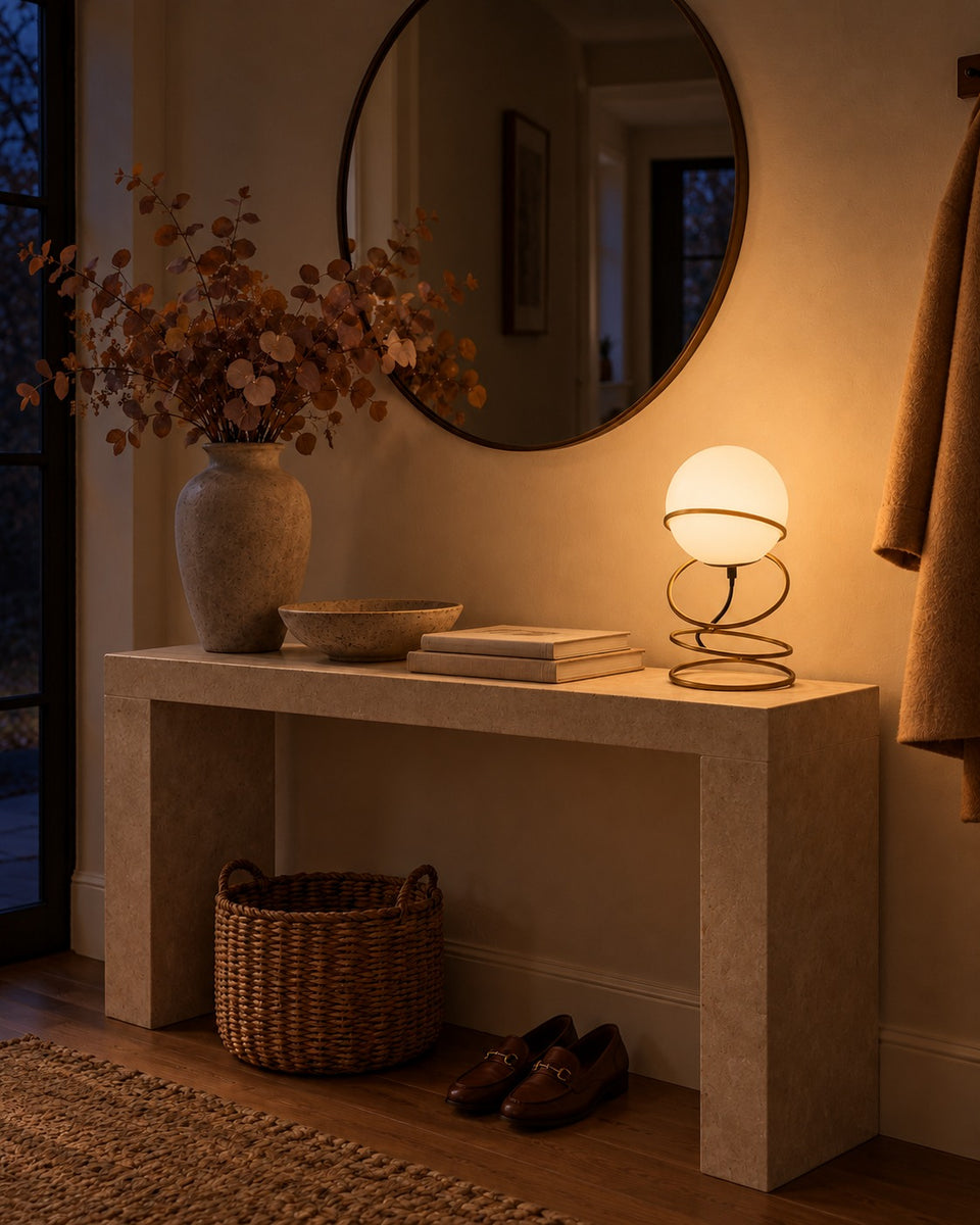 Glass Globe Table Lamp, switched on, in the evening