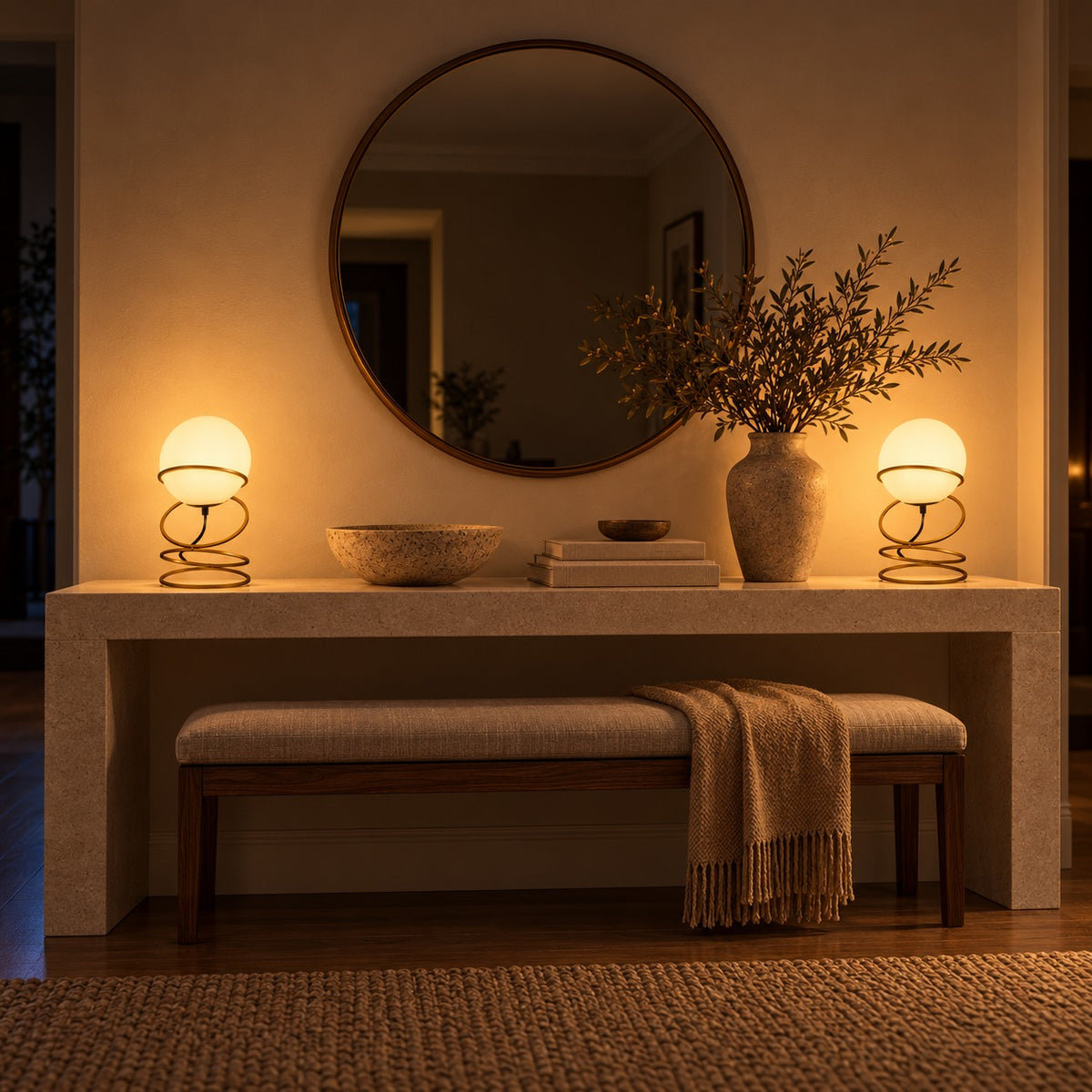 Glass Globe Spiral Lamp, a matching pair in a room at night