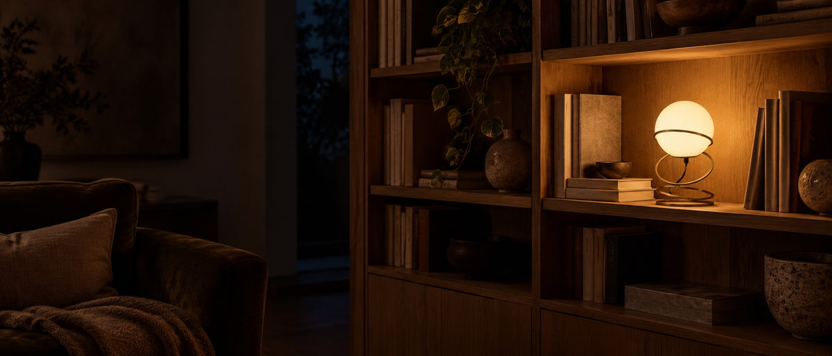 Glass Globe Table Lamp, switched on in a room at night