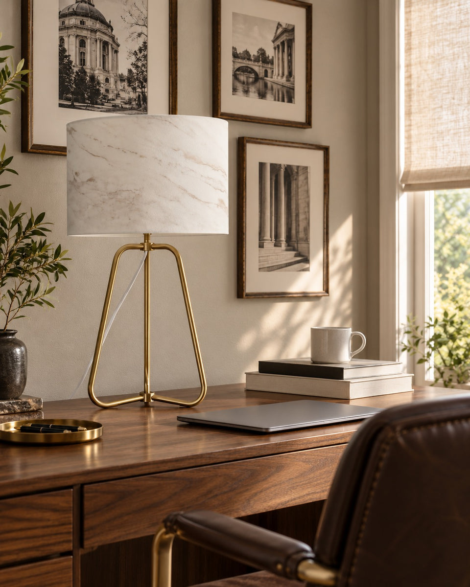 Marble-Look Drum Table Lamp, switched off, in daylight