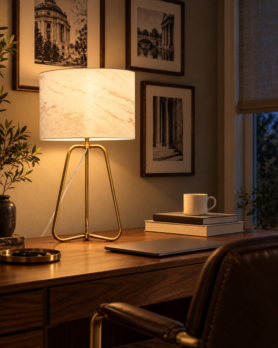 Marble-Look Drum Table Lamp, switched on, in the evening