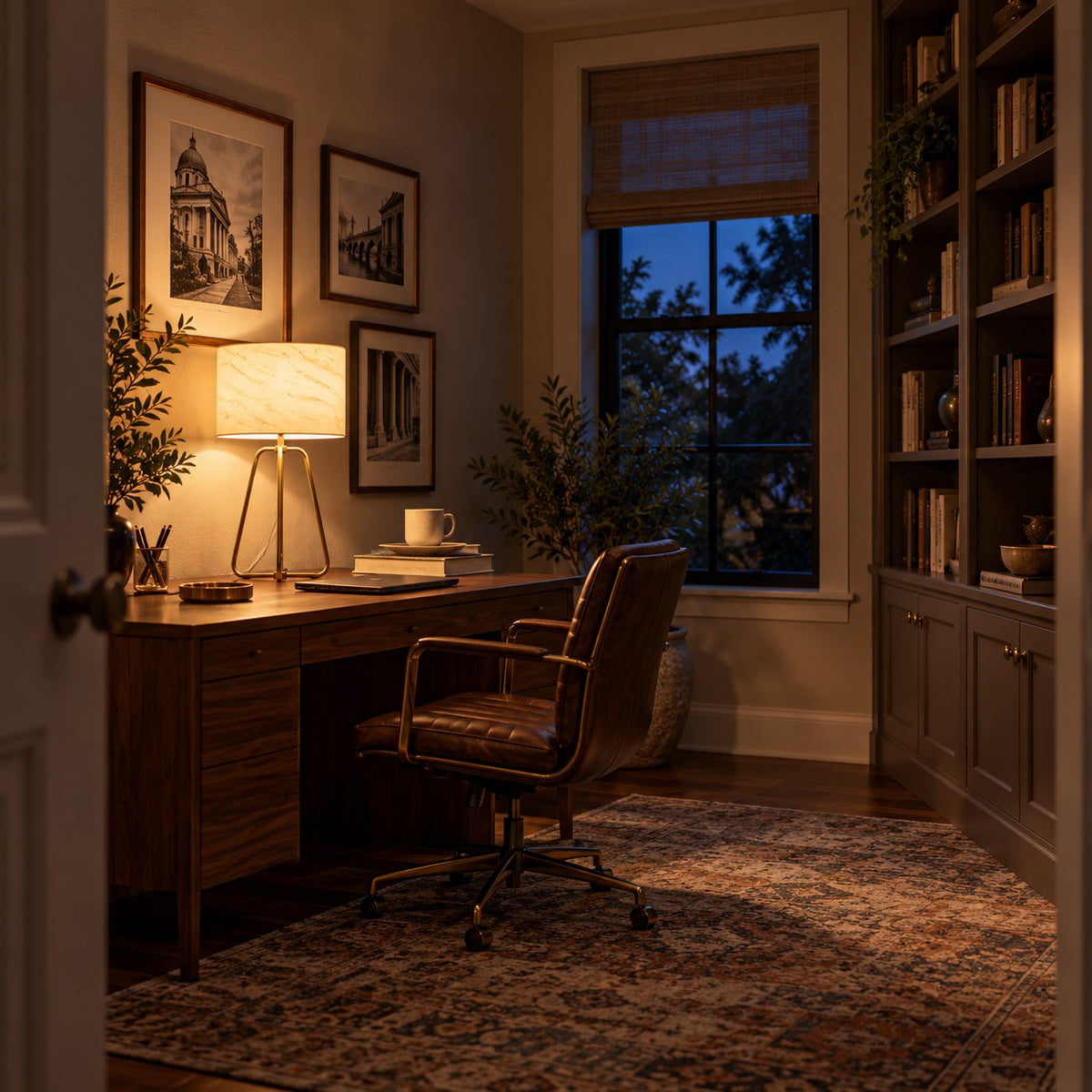 Marble-Look Drum Lamp, in a room at dusk