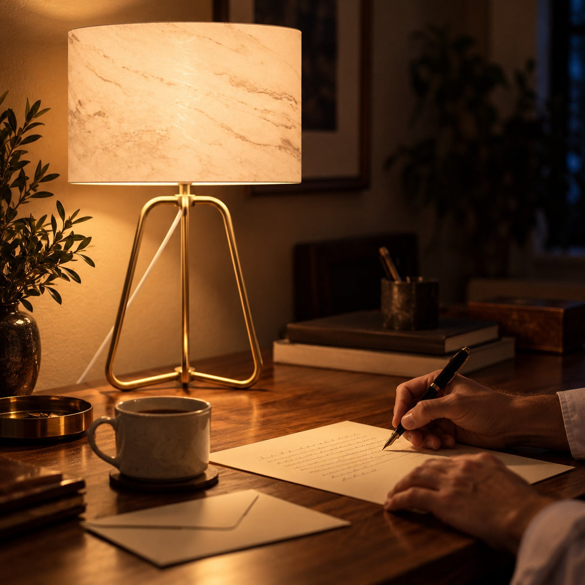 Marble-Look Drum Lamp, switched on at night