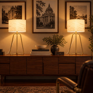 Marble-Look Drum Lamp, a matching pair in a room at night
