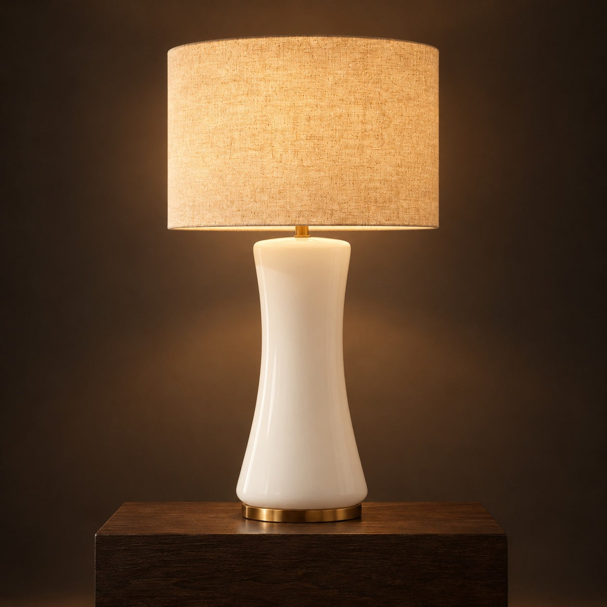 White Glass Table Lamp, switched on