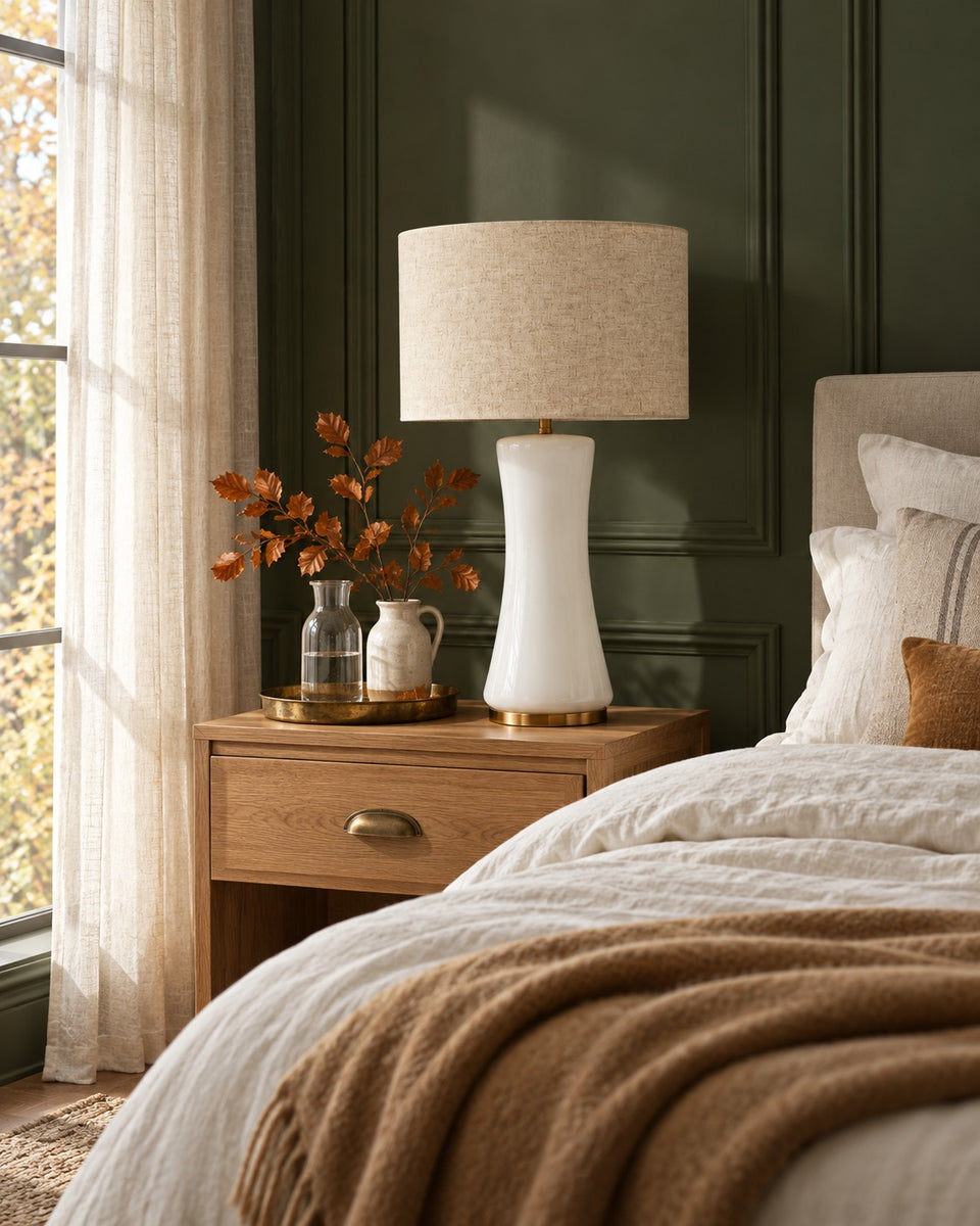 White Glass Table Lamp, switched off, in daylight
