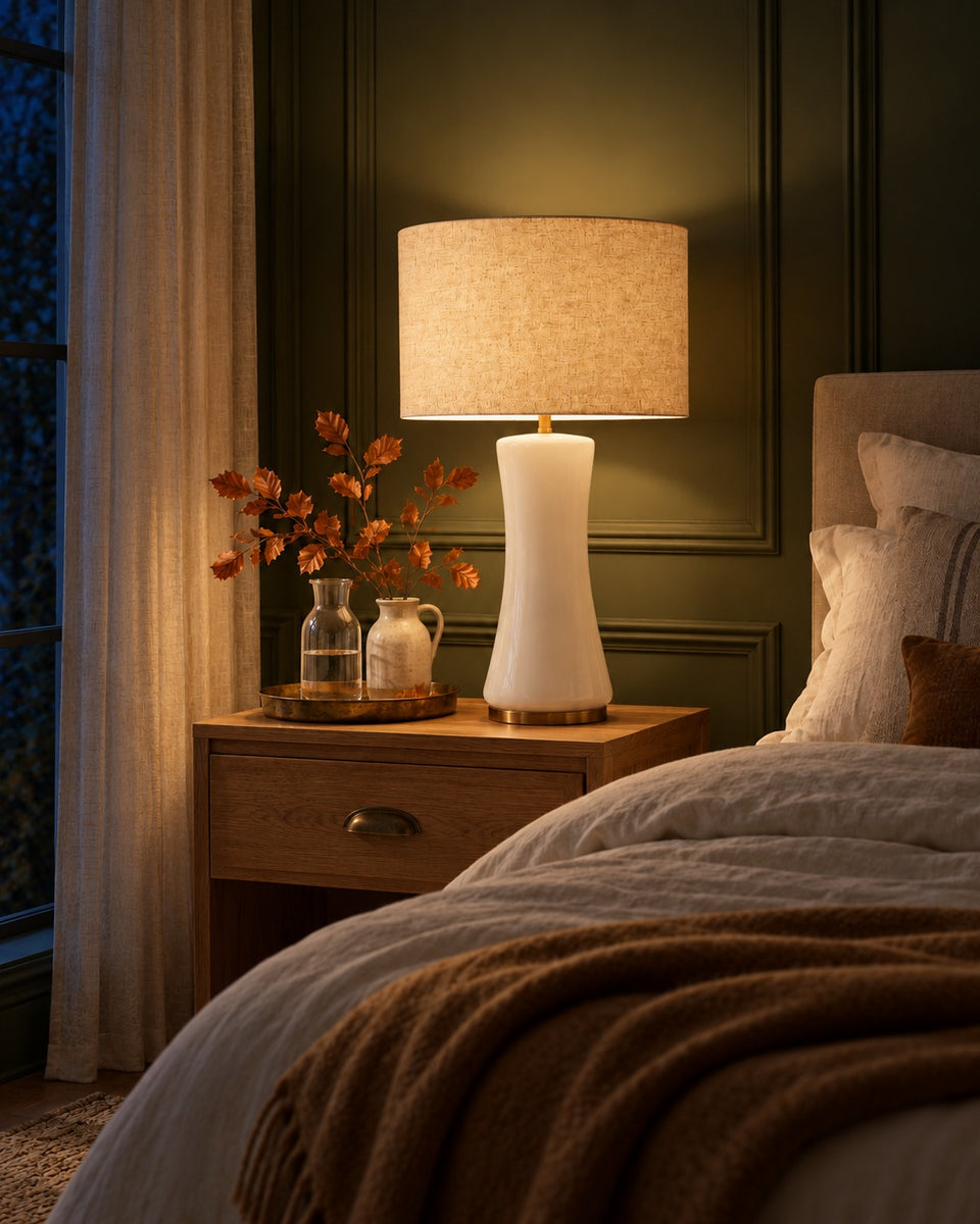 White Glass Table Lamp, switched on, in the evening