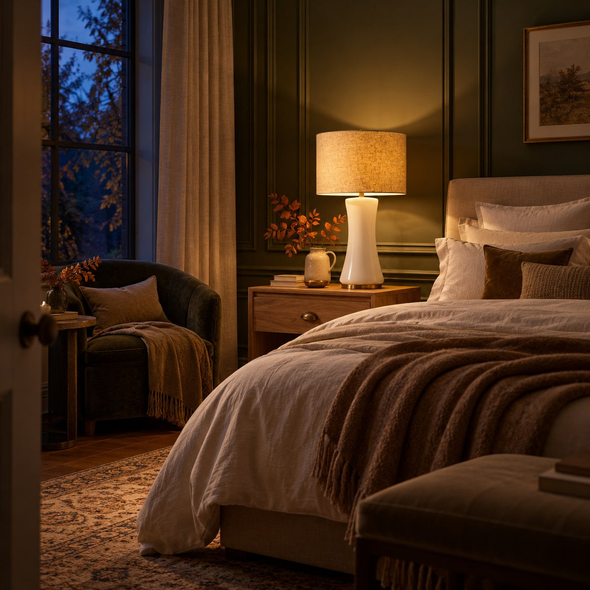 White Glass Table Lamp, in a room at dusk