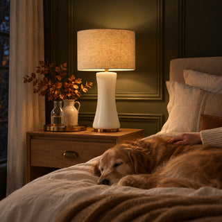 White Glass Table Lamp, switched on at night