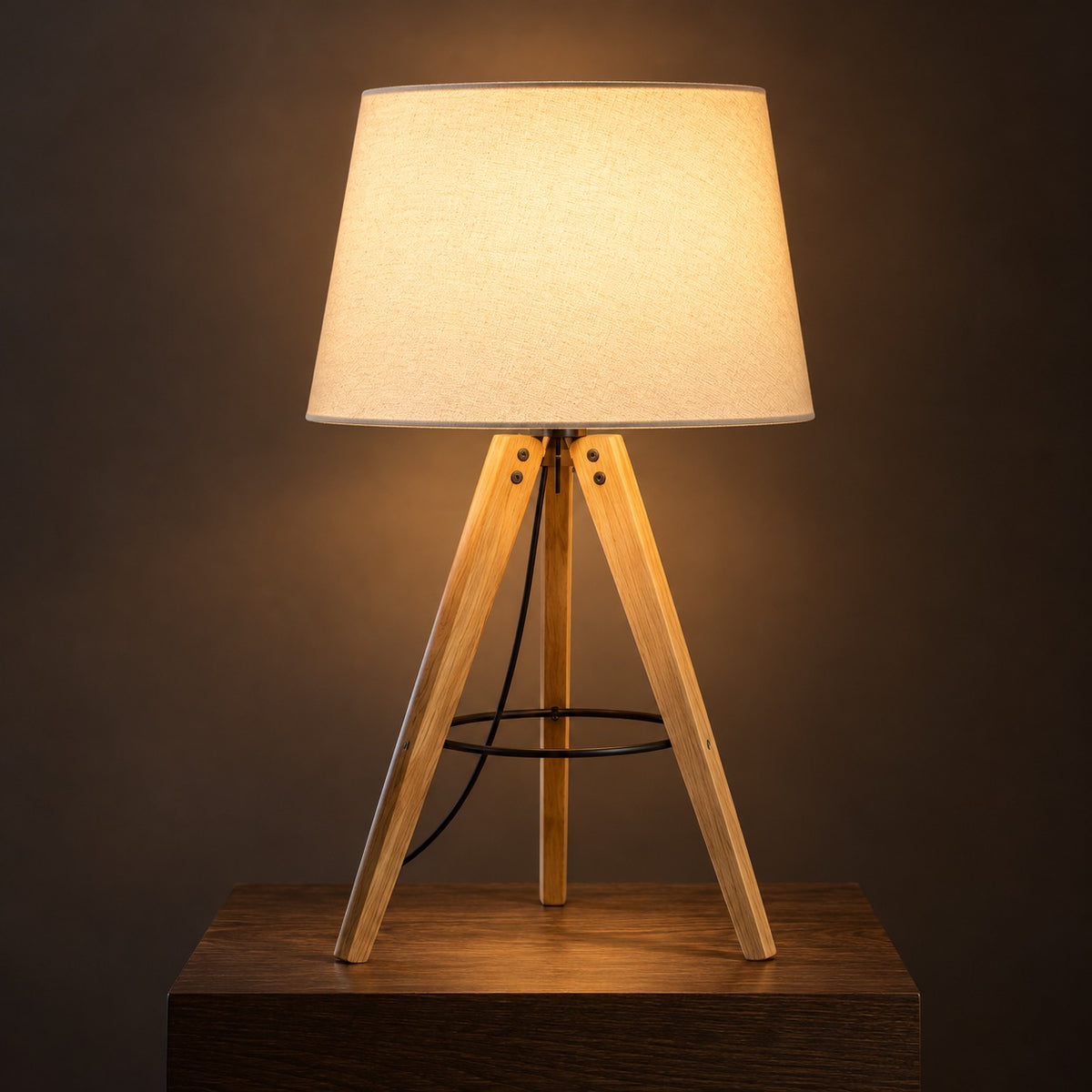 Wood Tripod Table Lamp, switched on