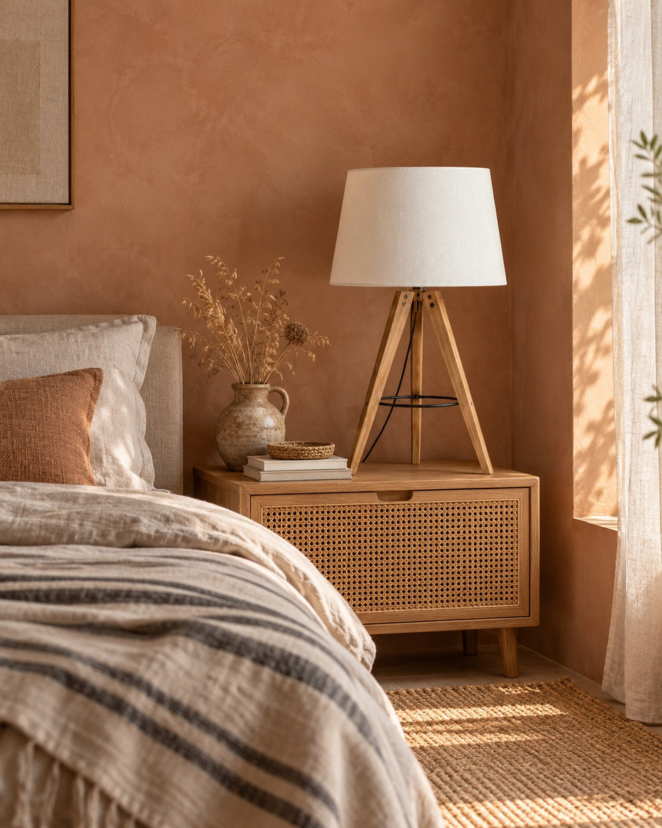 Wood Tripod Table Lamp, switched off, in daylight