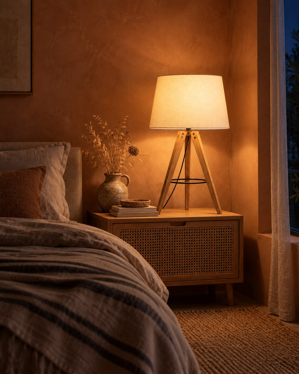 Wood Tripod Table Lamp, switched on, in the evening