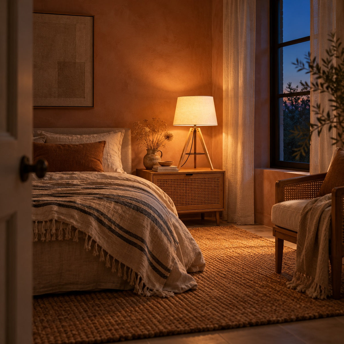 Wood Tripod Table Lamp, in a room at dusk