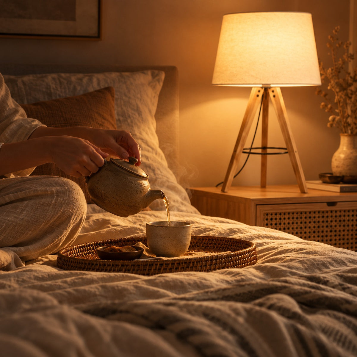 Wood Tripod Table Lamp, switched on at night